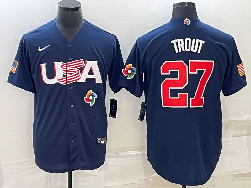 Men 2023 World Cub USA #27 Trout Blue Nike MLB Jersey9